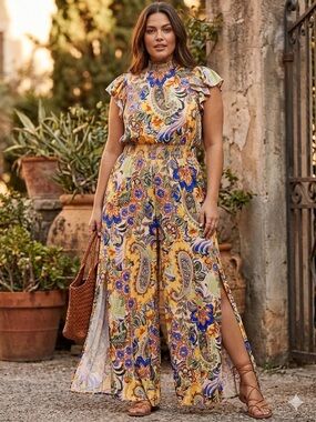 MSK Yellow Paisley Smocked High-Neck Wide-Leg Jumpsuit